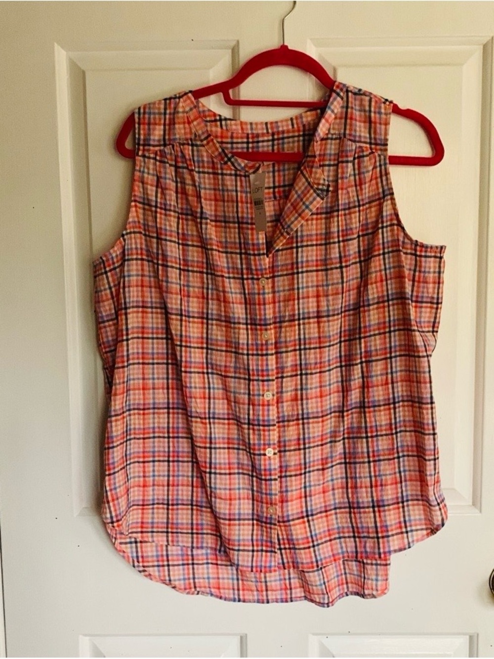 LOFT Coral, Blue & White Plaid Sleeveless Button-Front Top - Picture 3 of 4